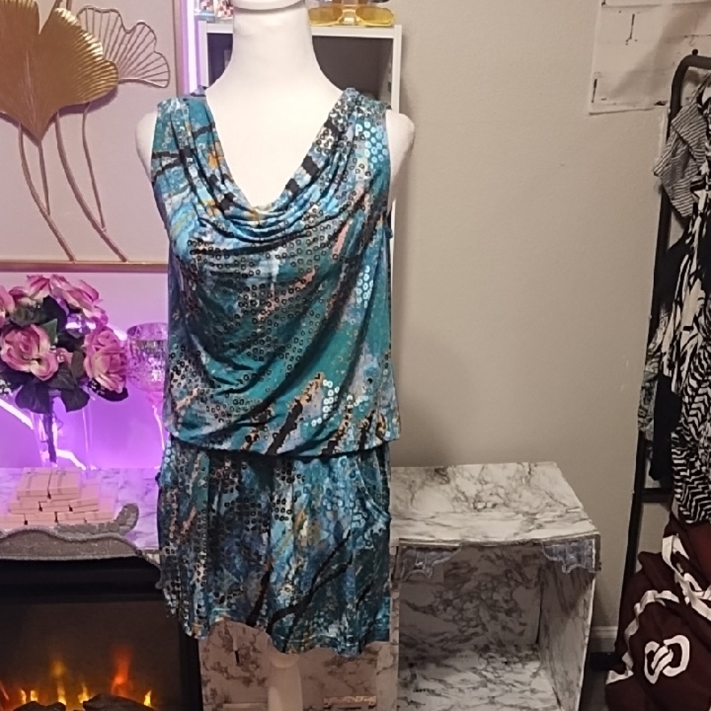 Blue Metallic Sequin Cowl Neck Midi Dress